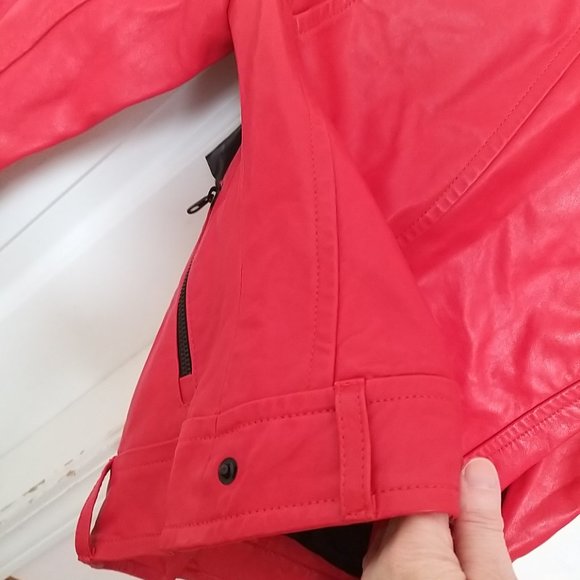 Mackage Hania Leather Moto Zip Jacket Size xxs Red / Flame New (Missing Belt) - Picture 7 of 16
